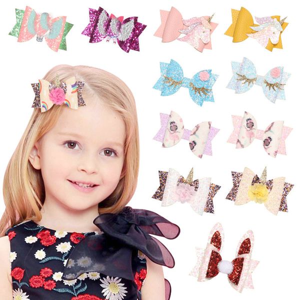 

16 colors children unicorn designer hair clips accessories wholesale double-layer glitter leather clip baby boutique barrettes hairpins, Slivery;white