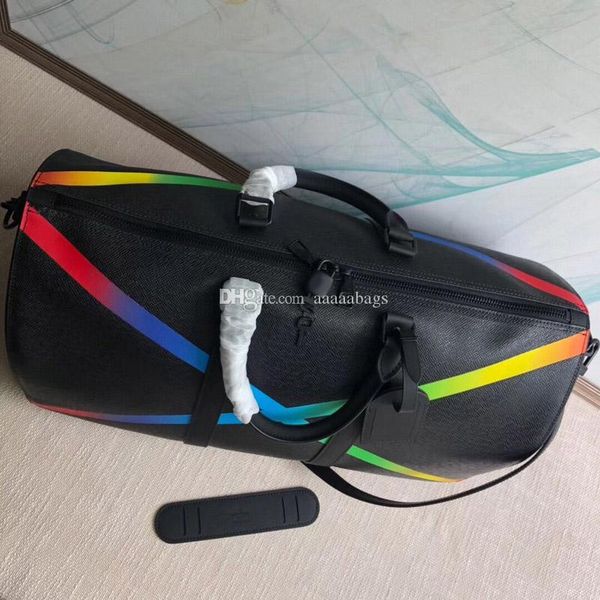 

new backpack 50cm keepall bandouliere handbag m30345 rainbow black leather luxury travel luggage handbag duffle shoulder bag