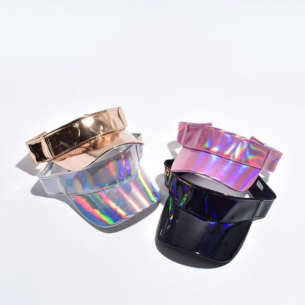 

minimalist faux leather empty baseball cap metallic rave hologram reflective hip-hop wide brim adjusted sun visor hat, Blue;gray