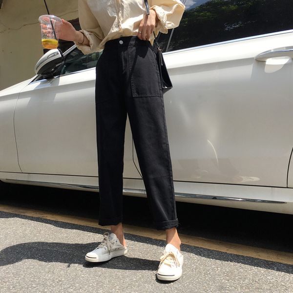 

jeans women elastic high waist big pockets loose casual womens wide leg trousers students denim fashion new style all-match chic, Blue