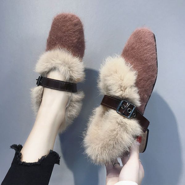 

one foot smashing hair shoes female new 2019 wild korean version with thick pointed winter plus velvet lazy peas shoes, Black