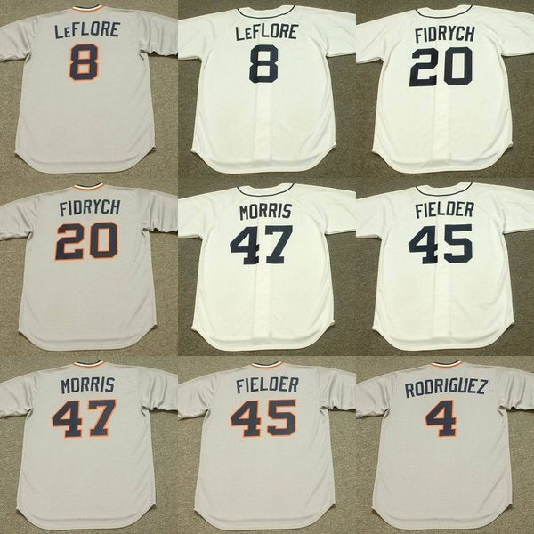 

detroit 4 aurelio rodriguez 7 tom veryzer 8 ron leflore 20 mark fidrych 45 cecil fielder 47 ack morris baseball jersey 1984, Blue;black