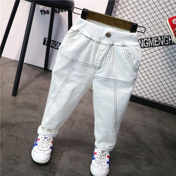 

2019 spring autumn kids jeans fashion casual white jeans for boys pants trousers toddler baby elastic waist pants, Blue