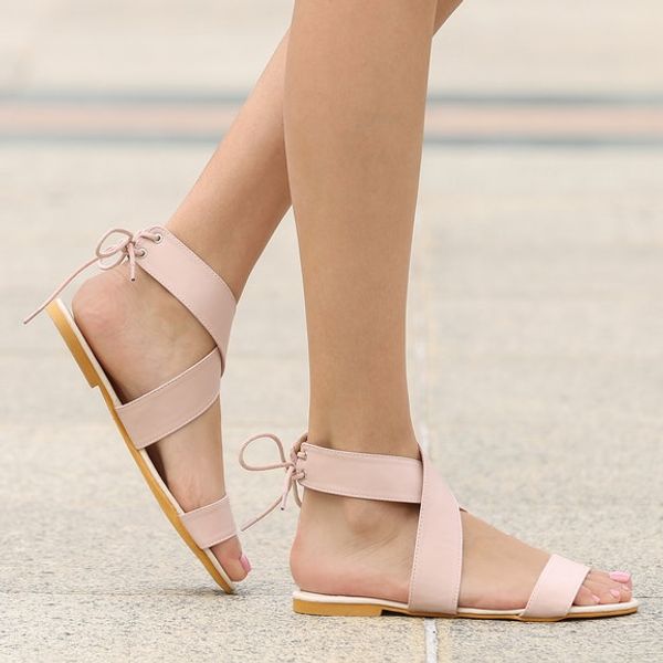 

ladies summer fashion leisure flat sandals girls pu leather ankle strap lace up sweet low heel sandals soft insole shoes woman, Black