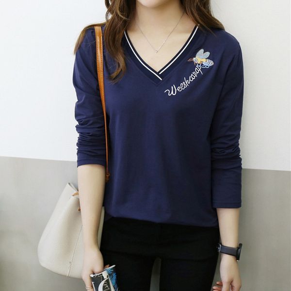 

korean style t shirt trendy slim v-neck long-sleeved fashion wild embroidery letter women's tshirt, White