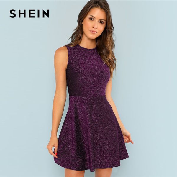 

shein purple fit and flare sleeveless glitter slim fit short dress mid waist elegant casual 2019 solid autumn women dresses, Black;gray