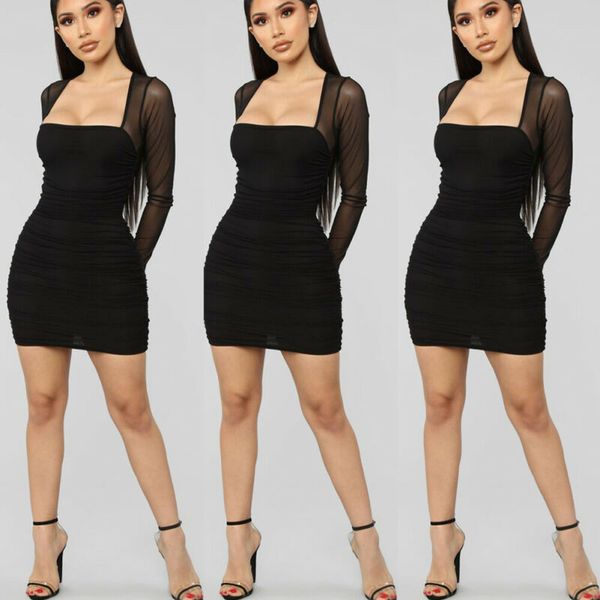 

women dress see through mesh bandage bodycon long sleeve women clothes evening party clubwear mini skinny dress, Black;gray