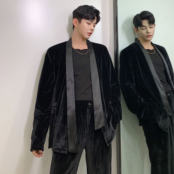 

men 2pcs suits sets (jacket+pants) male vintage fashion streetwear hip hop loose casual velvet cardigan blazer suit jacket, White;black