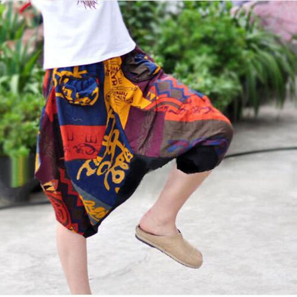 

men gypsy summer aladdin baggy harem pants women capri trousers cotton linen, Black