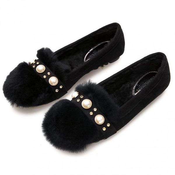 

fur warm women flats shoes plush loafers pearl round toe genuine leather wool lady moccasins large size autumn winter footwear, Black