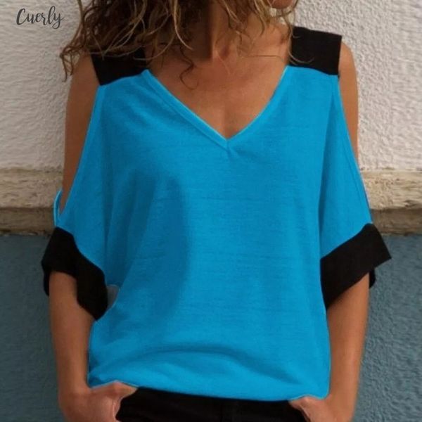 

cold shoulder summer blouse v neck casual patchwork off shoulder shirt womens and blouses plus size ladies blouse, White