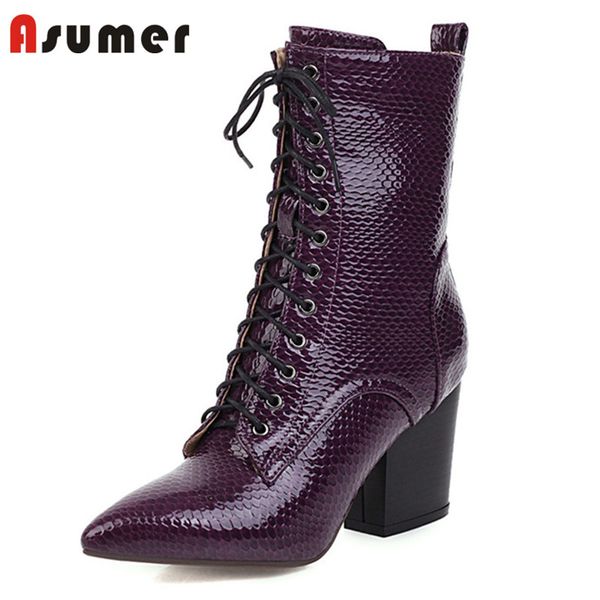 

asumer 2020 new arrival ankle boots for women pointed toe lace up short boots square high heel dress shoes ladies office shoes, Black