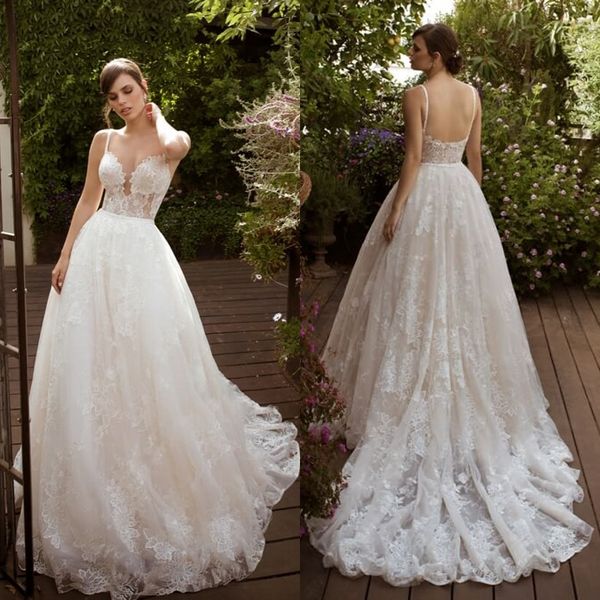 

new beach wedding dresses spaghetti a line lace appliques bidal gowns illusion backless sweep train wedding dress vestidos de novia, White