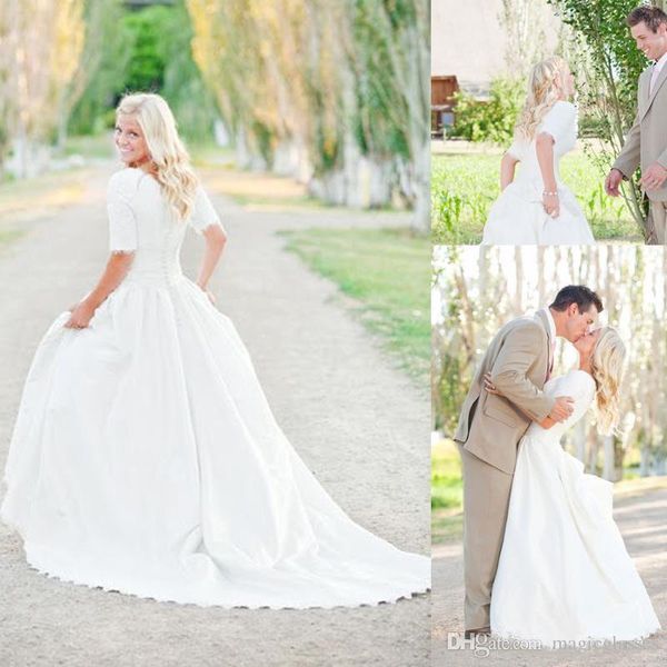 

half sleeves modest lace wedding dresses with brush train bohemian country bridal dresses with buttons back wedding gowns custom made, White
