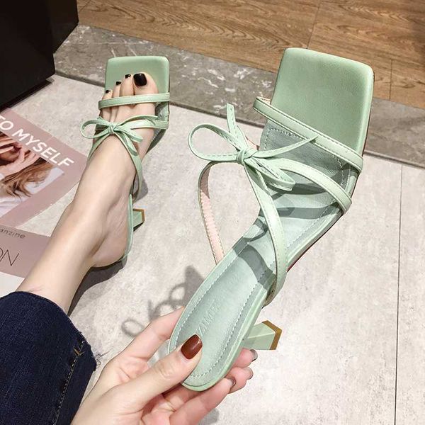 

slippers women summer med butterfly-knot high-heeled shoes lady pantofle thin heels slides heeled 2020 soft, Black