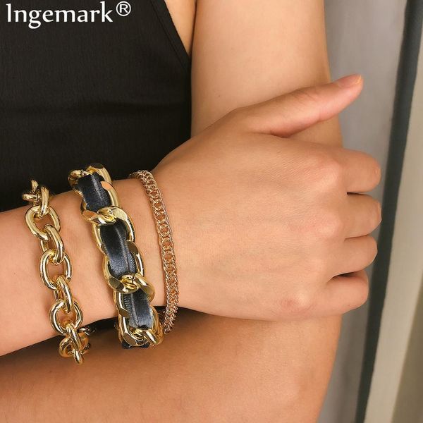 

ingemark 3pcs/set punk cuban men bracelet bangles for women armband charm chunky metal shell pendant bracelets couple jewelry, Black