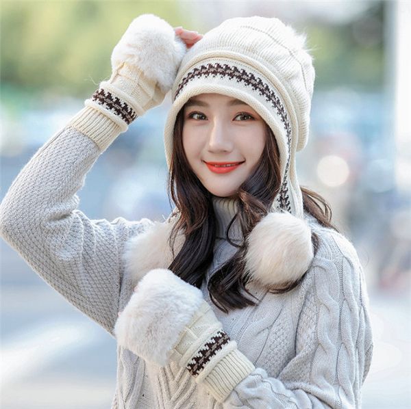 

lady's mittens hat set knitted pure colour woollen hat lady's winter hat, Blue;gray