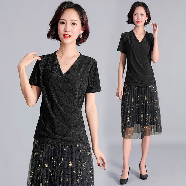 

new 2019 summer fashion ladies elegant shirt v neck slim fit casual blouse short sleeves middle age ladies plus size xxxxxl, White