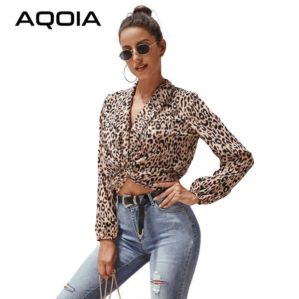 

aqoia v neck long sleeve ladies short shirt 2020 spring puff sleeve leopard priting women blouse fashion female clothing, White