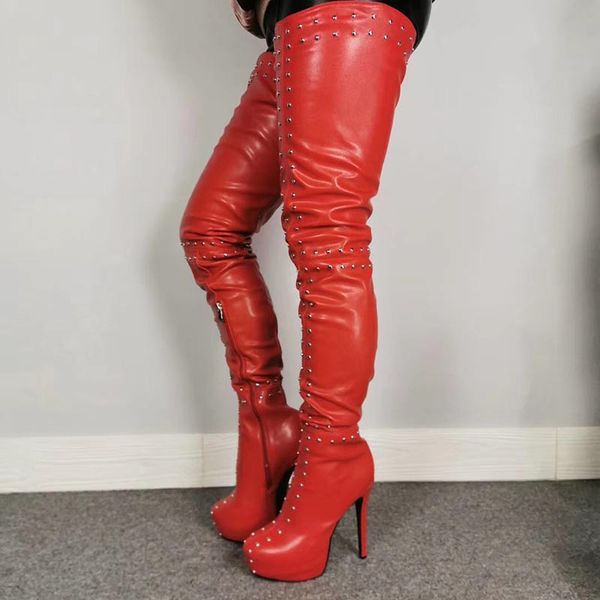 Olomm Frauen Plattform Oberschenkel Hohe Stiefel Sexy Nieten Stiletto Heels Stiefel Runde Kappe Schwarz Rot Party Schuhe Frauen Plus UNS Größe 5-15