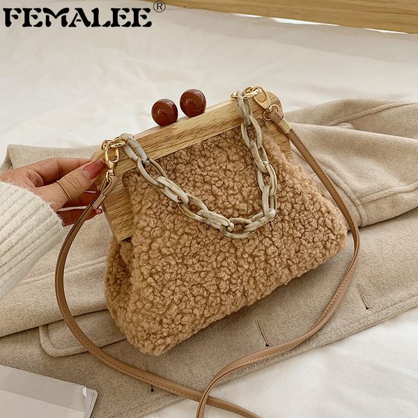 

femalee acrylic chains wooden clip bag luxury women bag female lamb hair shoulder woolen evening clutch purse bolso femenino