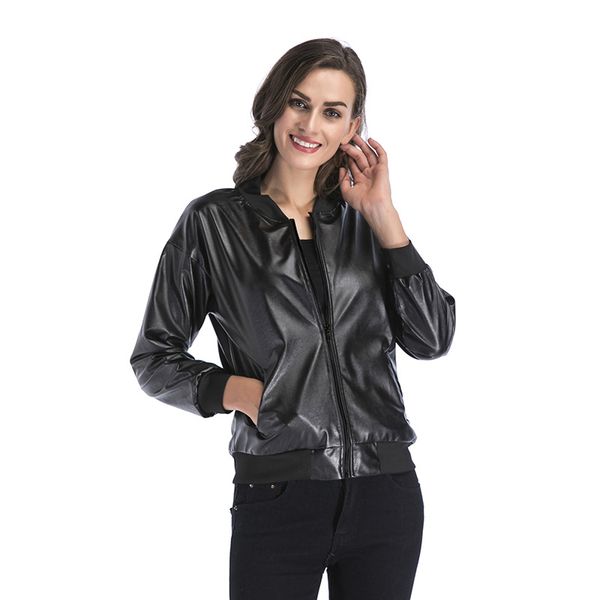 

women pu leather motorcycle leather clothing 2018 autumn winter new women's slim zipper jacket coat, Black