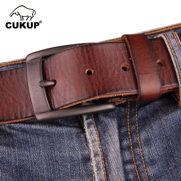 

cukup 2018 pure cow skin leather belts alloy retro clasp buckle metal belt for men jeans accessories nck193, Black;brown