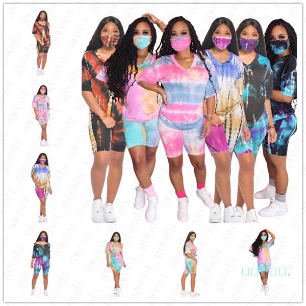 

summer women v-neck tracksuit tie-dyed pullover short sleeved t-shirts shorts 2 pieces set casual gradient outfits ladies clothing d5601, White