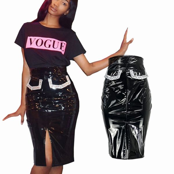 

women's casual cutout sequins diamonds black pu leather skirt