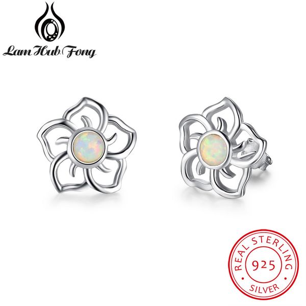 

flower shape white fire opal stud earrings for women 925 sterling silver wedding jewelry gift for bridesmaids (lam hub fong, Golden;silver