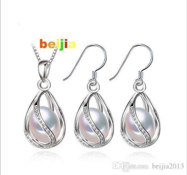 

бесплатная доставка цветок pearl клетка комплект ювелирных изделий, ожерелье естественной перлы кулон и серьги стержня, природных серьги для, Silver