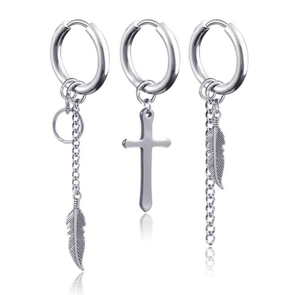 

surgical grade stainless steel leaf cross dangle earring for men 316l titanium steel tassel hoop earring, Golden;silver