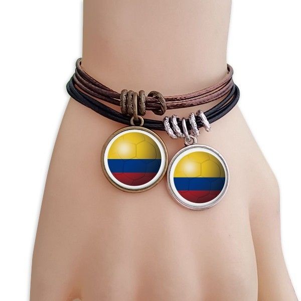 

colombia national flag soccer football bracelet double leather rope wristband couple set, Golden;silver