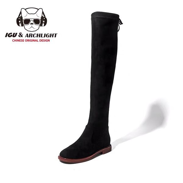 

igu thigh high boots female autumn boots women flock over the knee flat stretch fashion shoes 2019 botas de mujer, Black