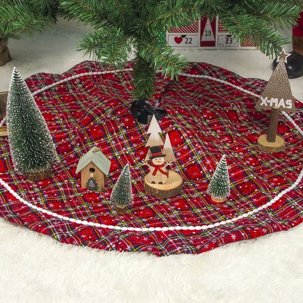 

1pcs christmas tree skirt fabric plaid snowflake 100cm carpet christmas decorations family new year party decoration
