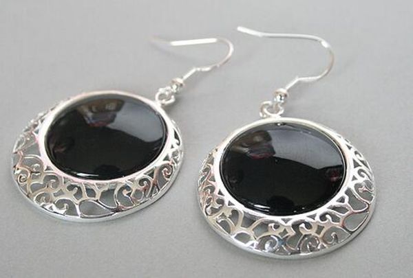 

plata esterlina gancho negro natural jade Ã³nix moneda cuentas pendientes, Silver