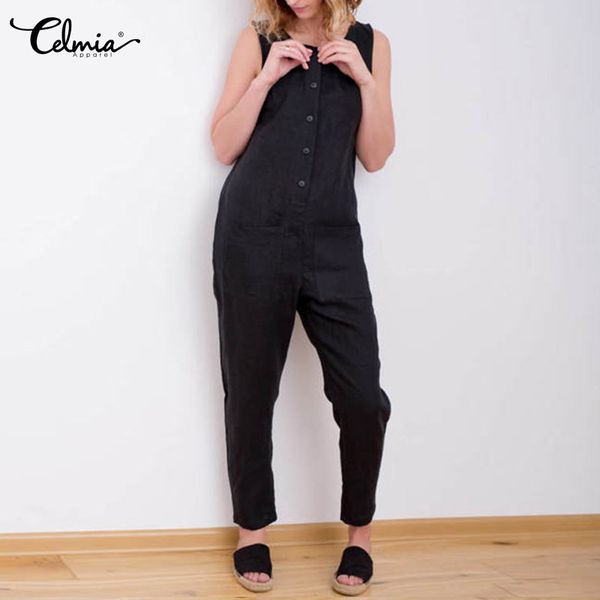 

plus size rompers women jumpsuits celmia 2019 summer sleeveless casual button solid vintage cotton rompers pockets long trouser, Black;white