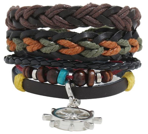

100% genuine leather bracelet anchor pendant multilayer bracelet wax rope men's combination suit bracelet size can be adjusted 3styles/, Black