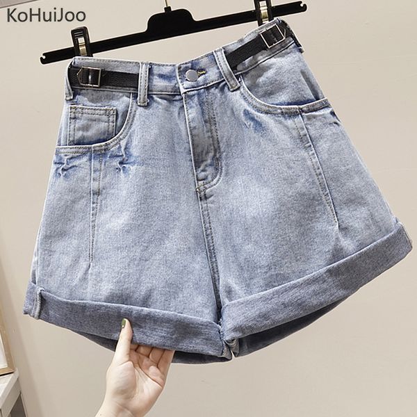 

kohuijoo ladies denim shorts plus size belt fashion pockets roll up loose a line jeans shorts women big size high waist, Blue