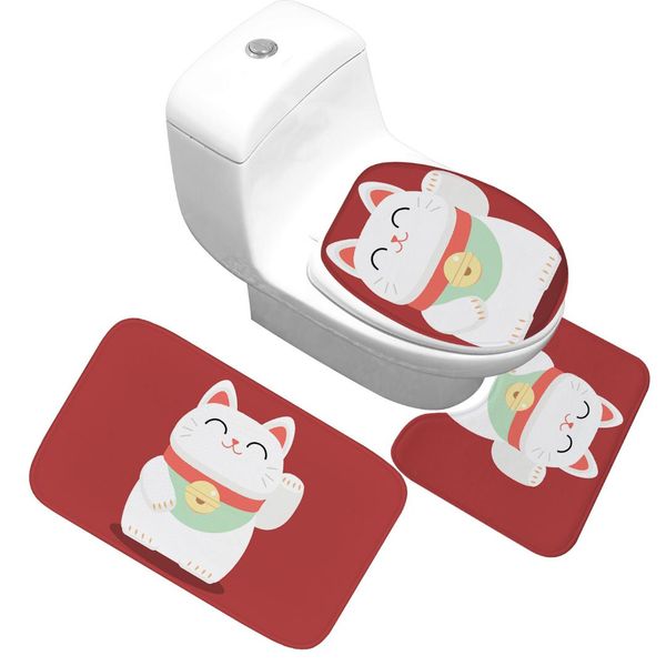 

lucky cat bath mat 3 piece set bathroom decoration toilet cover u-shaped floor mat absorbent non-slip bathroom door