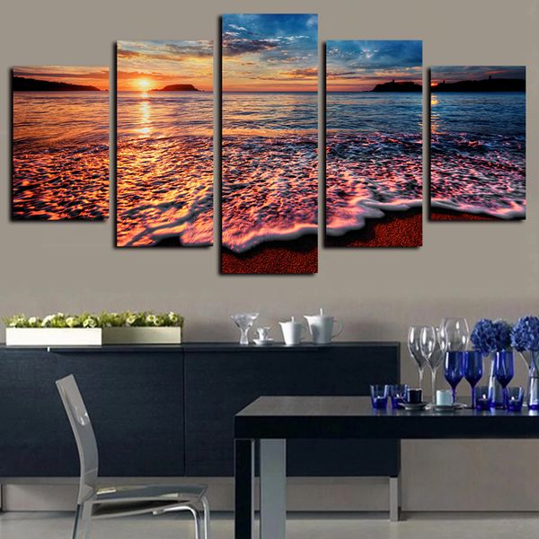 

5 pieces canvas wall art sunset sea waves seascape paintings beach pictures modern hd print on canvas oil painting giclee artwork