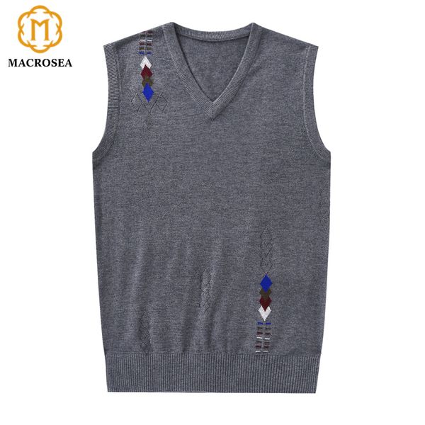 

macrosea autumn men's merino wool knitted v-neck plaid sleeveless vest business casual pullover vest male sweater, Black;white