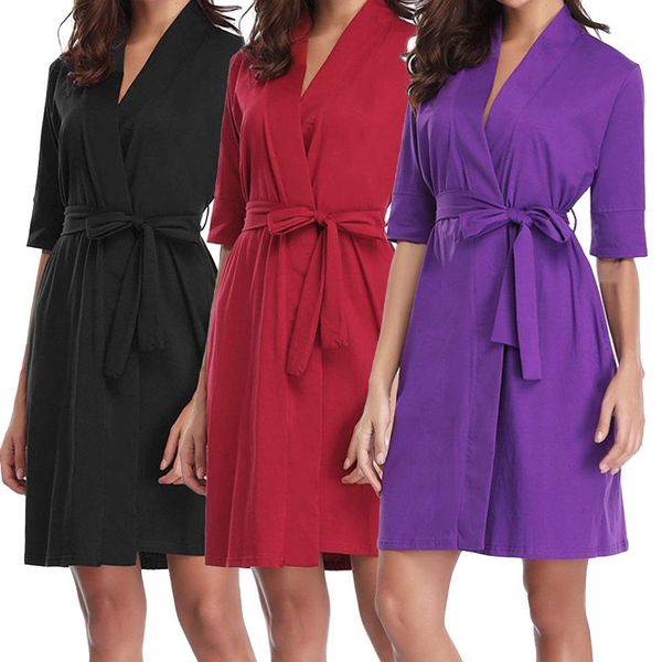 

women half sleeve solid color casual sleepwear cotton intimates nightgown pajama sleepshirts lingerie bathrobe with belt, Black;red