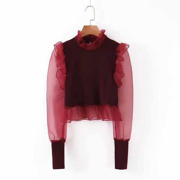 

women retro organza patchwork knitted blouses see through long puff sleeve shirts office wear stylish ruffles short blusas, White