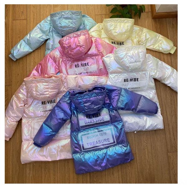 

e2xmw white duck 2020 winter children's colorful thickened girls' and boys' candy color medium and long bright face down jack, Blue;gray