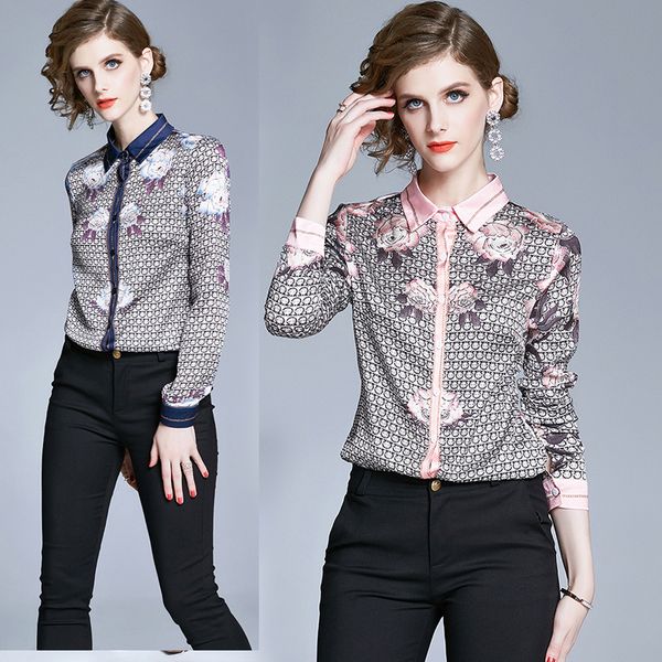 

wholesale spring summer fall runway vintage floral print collar button front long sleeve women ladies casual office ol shirt blouse, White