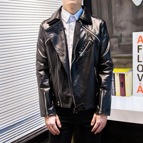 

casual men faux leather jacket fashion mens pu leather jackets patchwork motorcycle coat, Black
