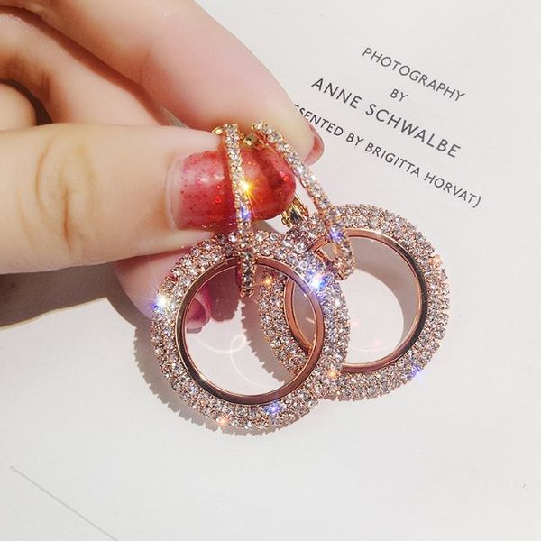 

fashion full rhinestone stud female geometric circles ear drop european trendy minimalist shiny earrings women jewelry, Golden;silver