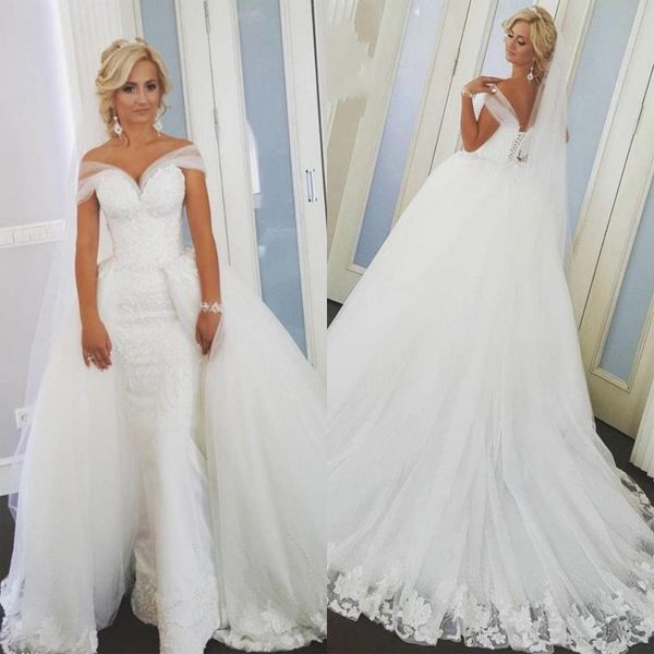 

white detachable skirt mermaid wedding dresses new off the shoulder lace appliques corset lace-up back bridal gowns vestidos