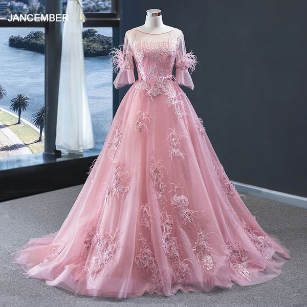 

j67015 jancember ball gown for girls long o neck half sleeve floor length feathers lace plus size evening dress abiye elbiseler, White;black